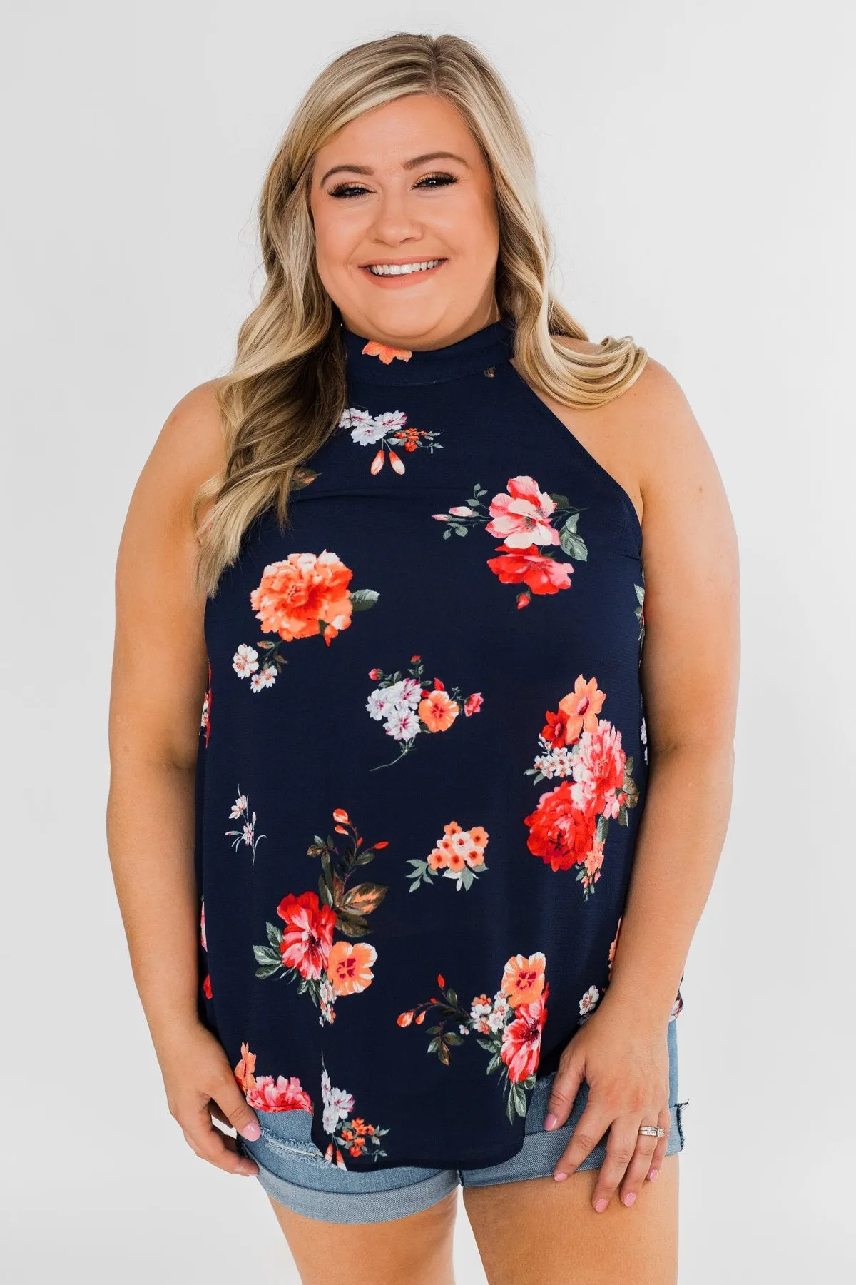 Flourish in Floral Halter Tank Top- Navy
