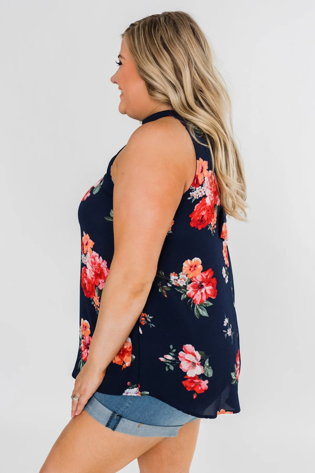 Flourish in Floral Halter Tank Top- Navy