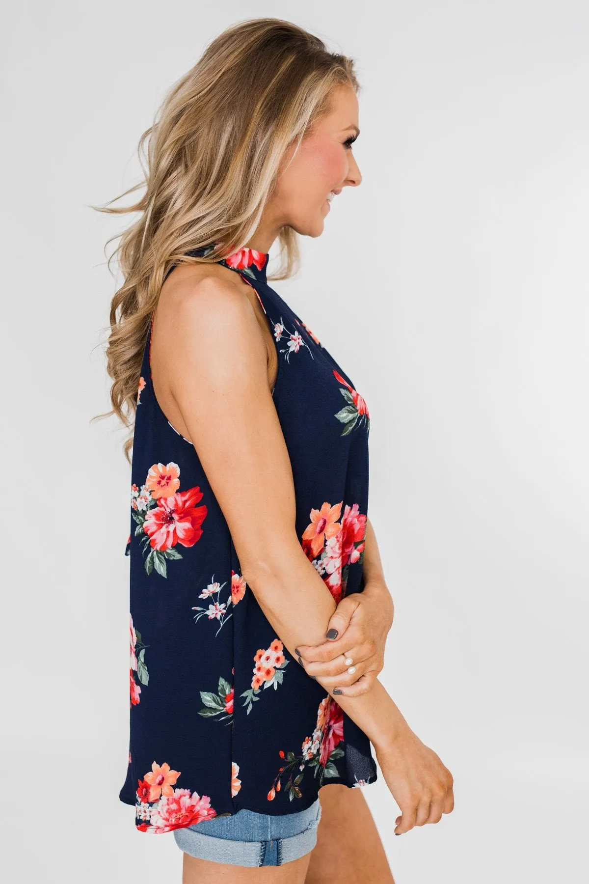Flourish in Floral Halter Tank Top- Navy