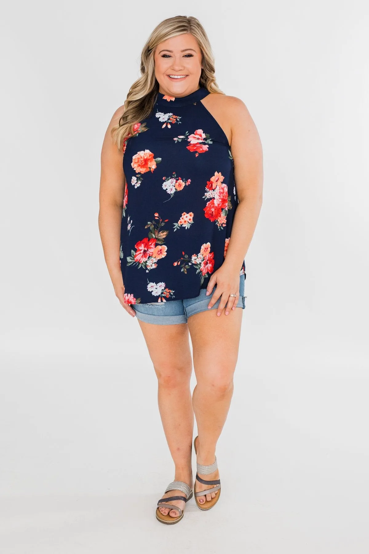 Flourish in Floral Halter Tank Top- Navy