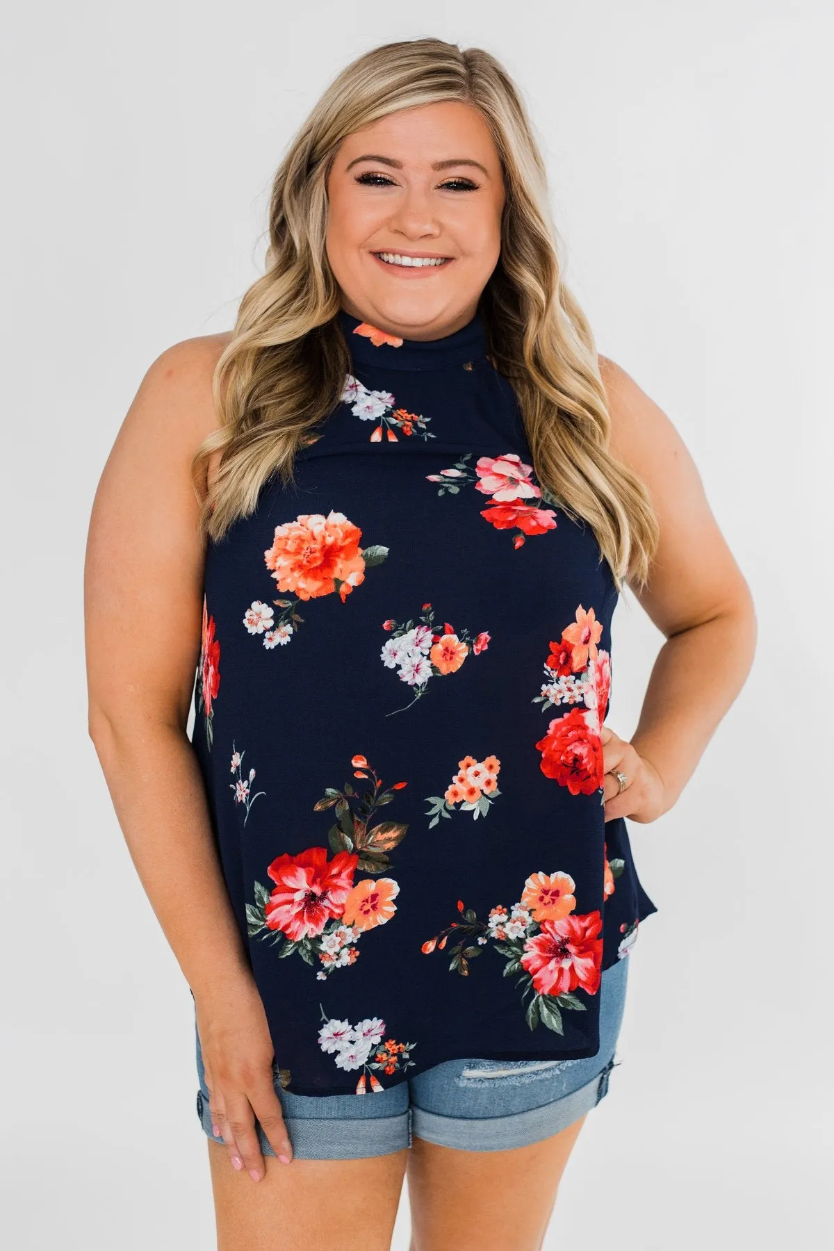 Flourish in Floral Halter Tank Top- Navy