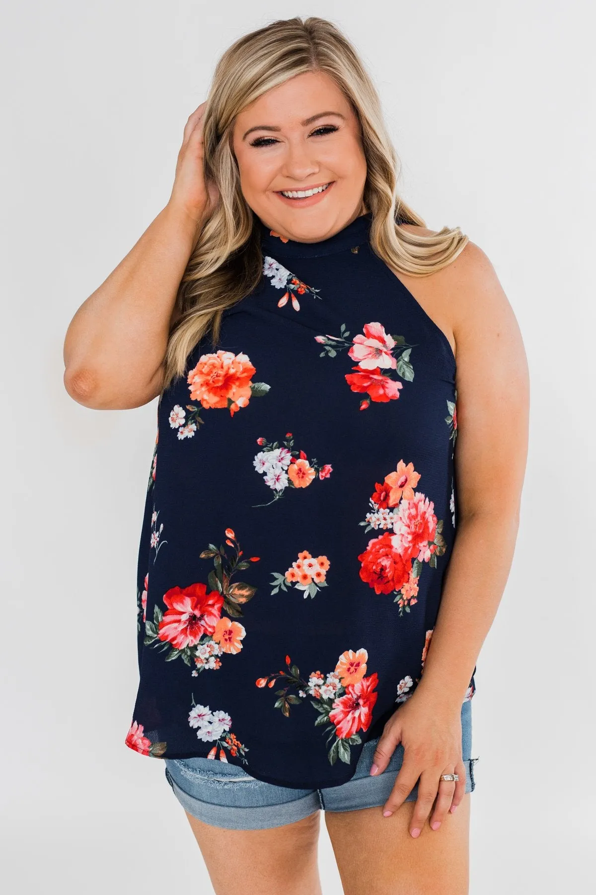 Flourish in Floral Halter Tank Top- Navy