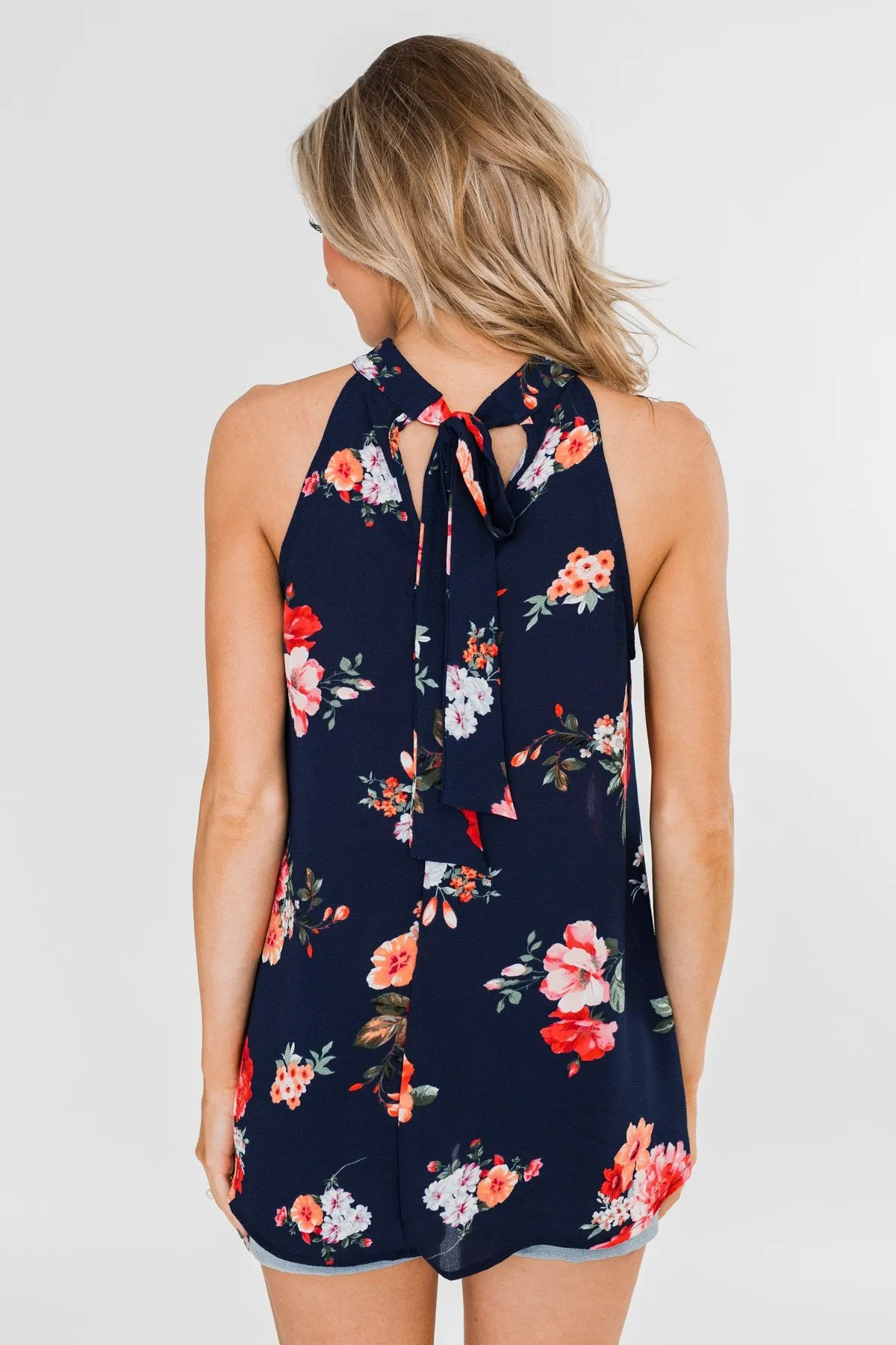 Flourish in Floral Halter Tank Top- Navy