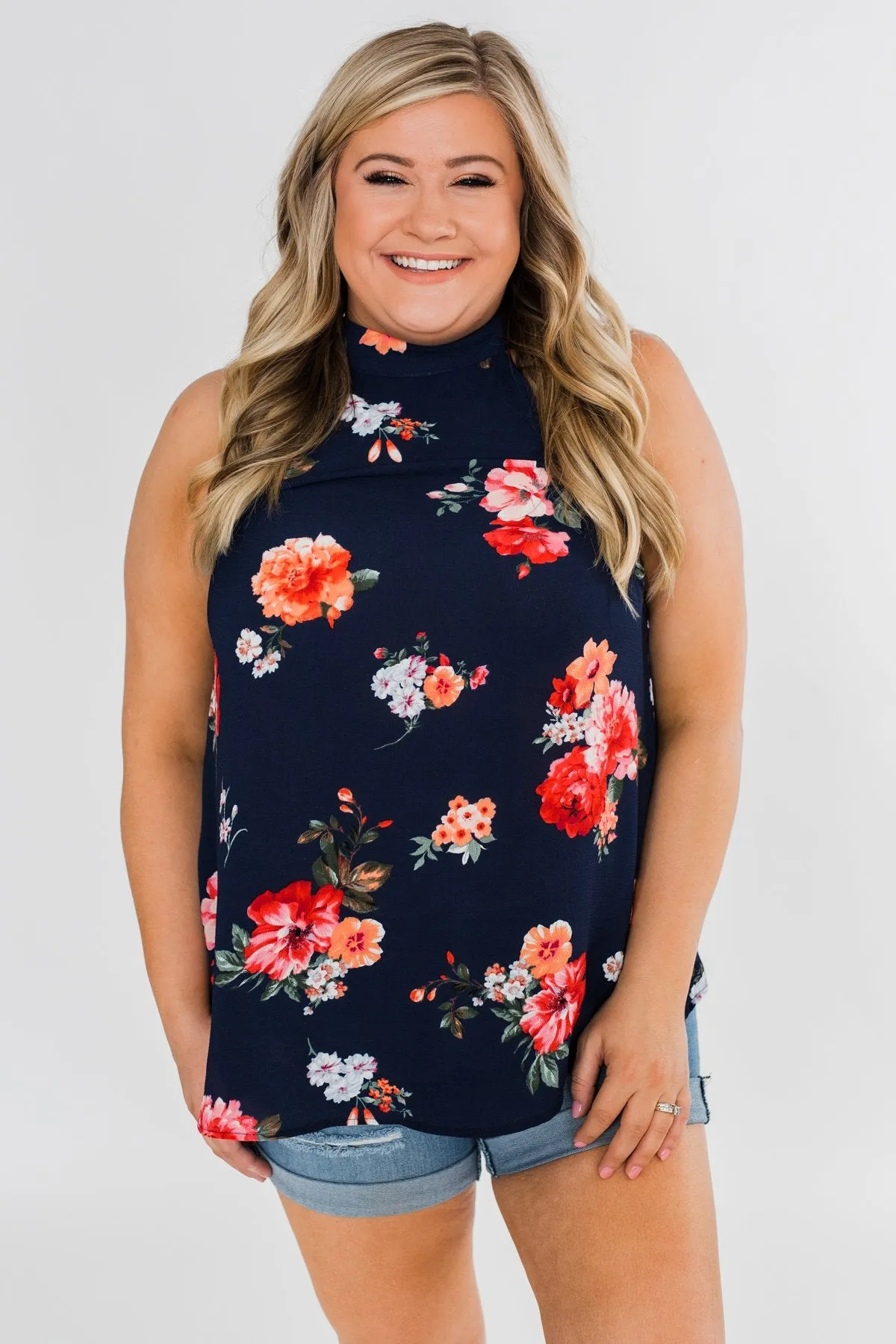 Flourish in Floral Halter Tank Top- Navy