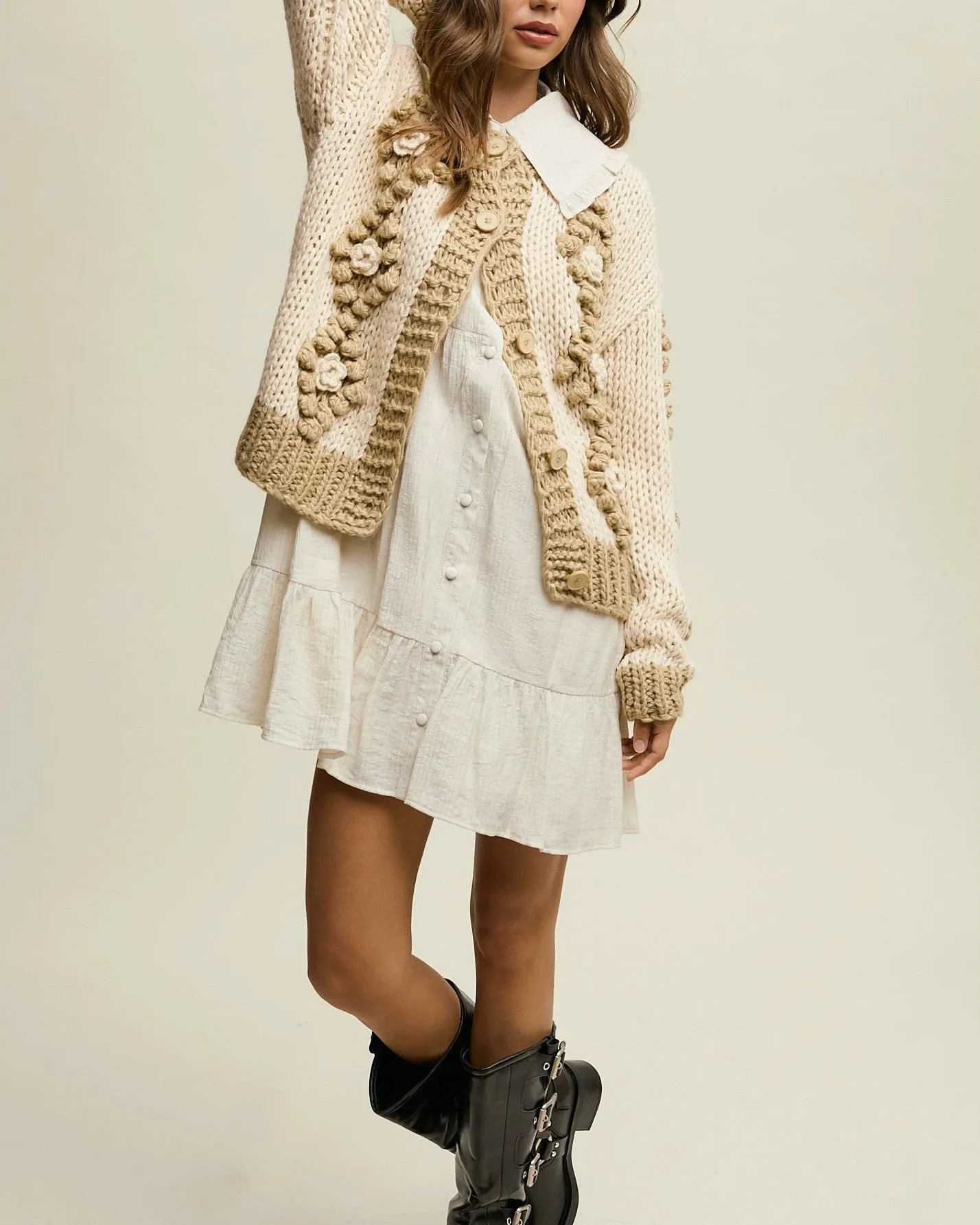 FLOWER DETAIL TUFTED DOT HAND CROCHET CARDIGAN - TAUPE