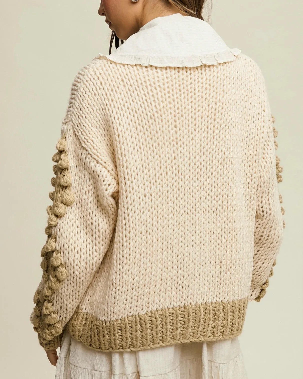 FLOWER DETAIL TUFTED DOT HAND CROCHET CARDIGAN - TAUPE