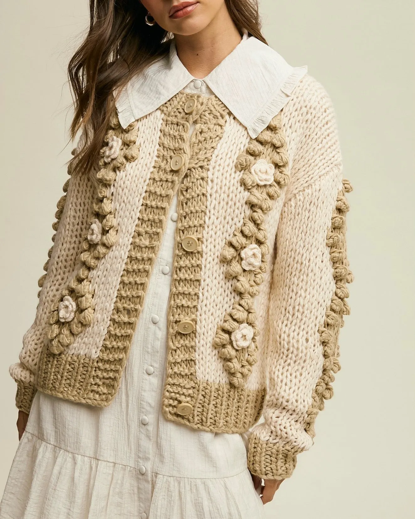 FLOWER DETAIL TUFTED DOT HAND CROCHET CARDIGAN - TAUPE