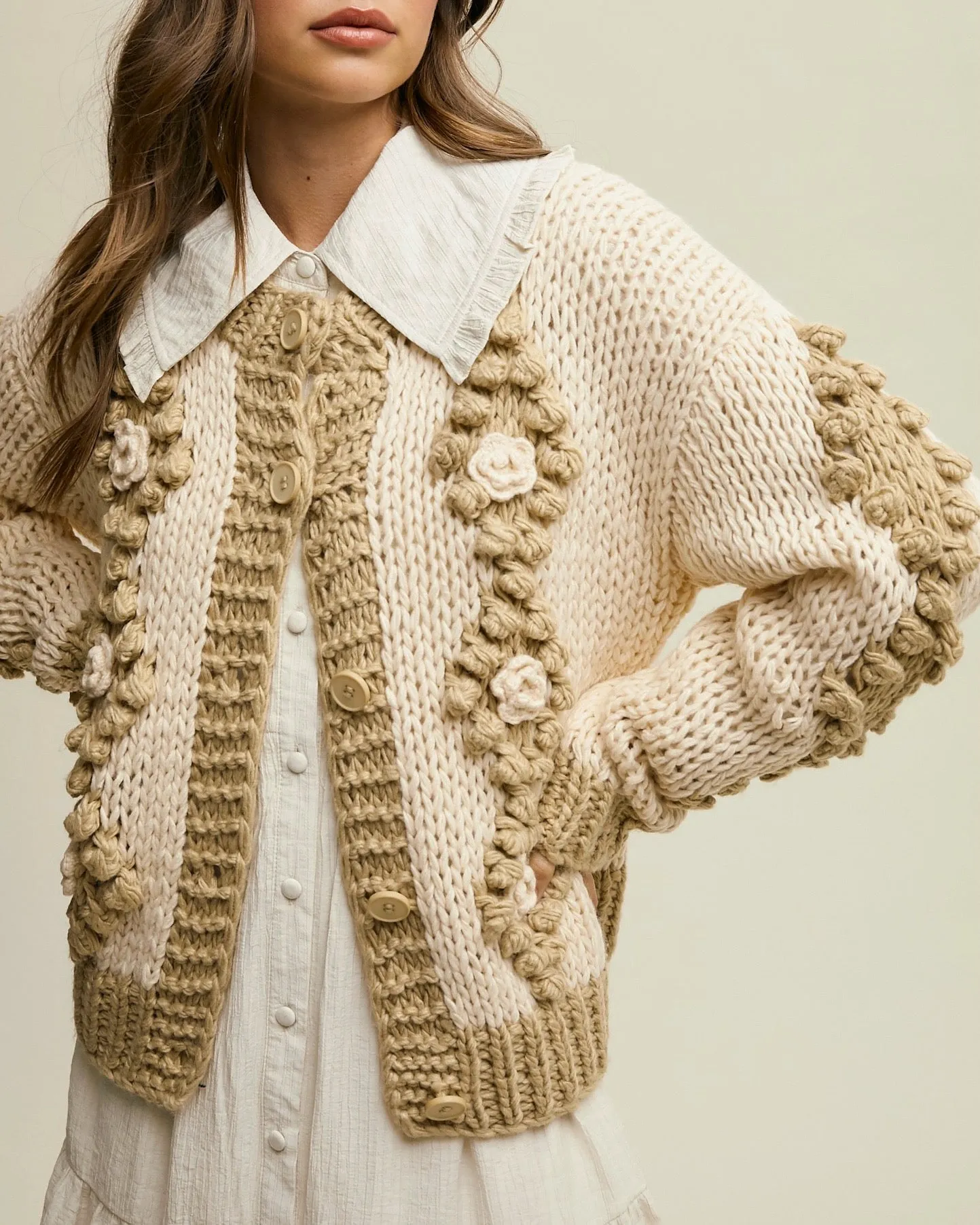 FLOWER DETAIL TUFTED DOT HAND CROCHET CARDIGAN - TAUPE