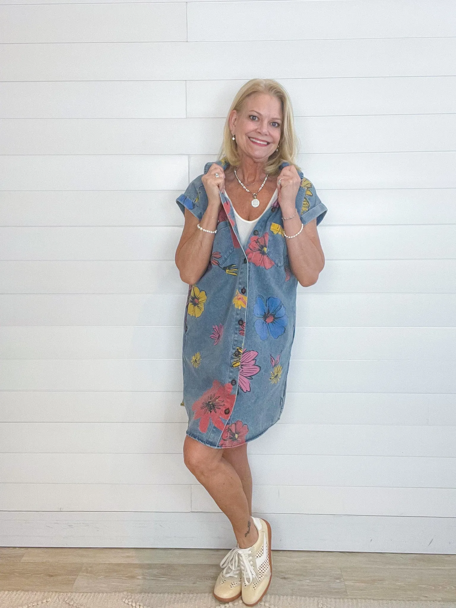 Folded Cuff Button Down Collared Flowers Print Denim Shirt Dress