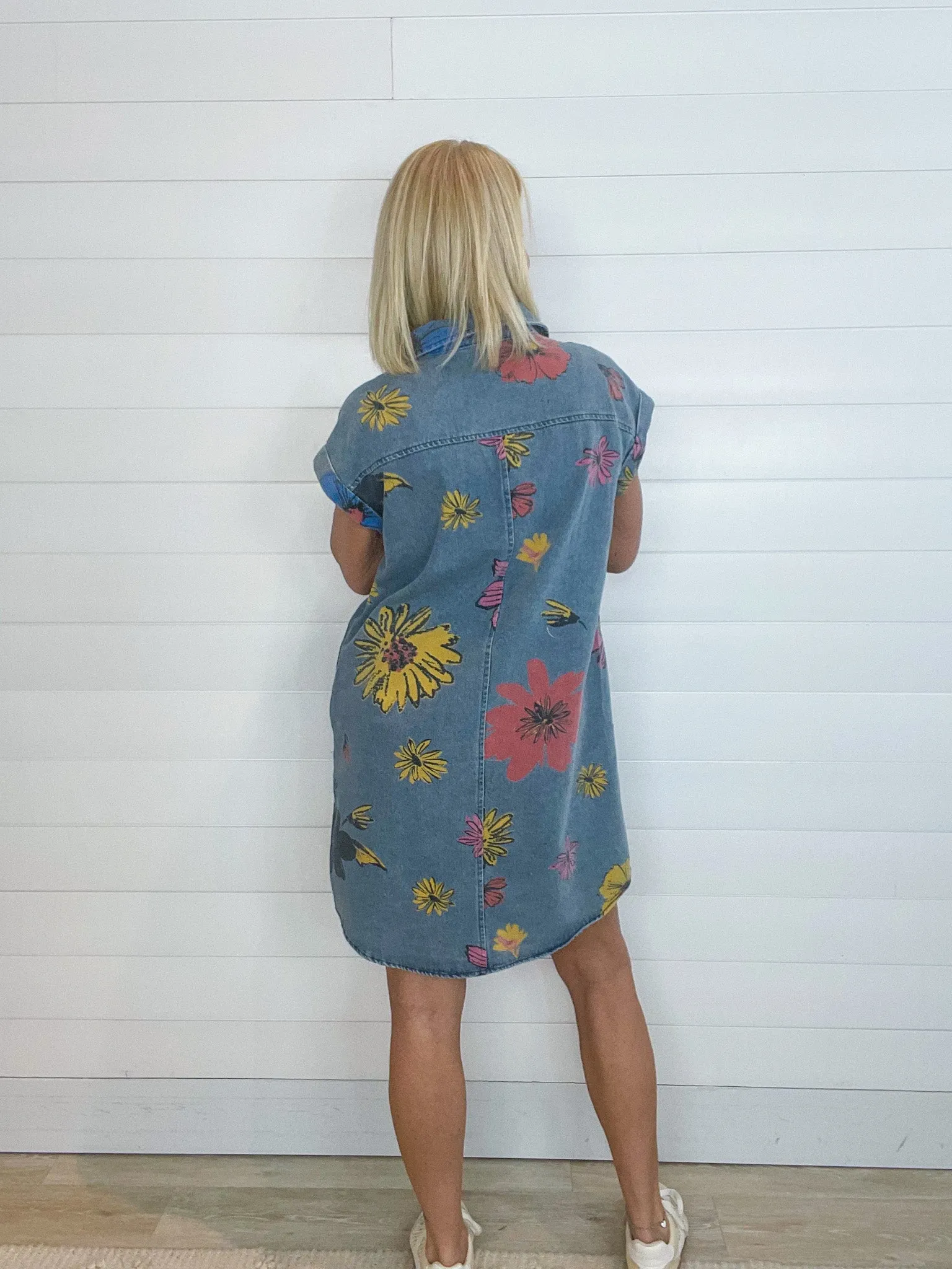 Folded Cuff Button Down Collared Flowers Print Denim Shirt Dress
