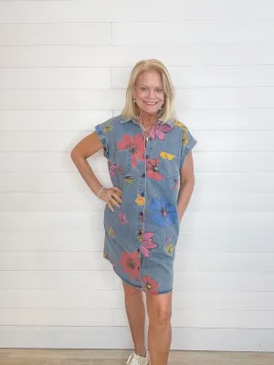 Folded Cuff Button Down Collared Flowers Print Denim Shirt Dress