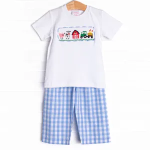 Fun at the Farm Smocked Pant Set, Blue Check