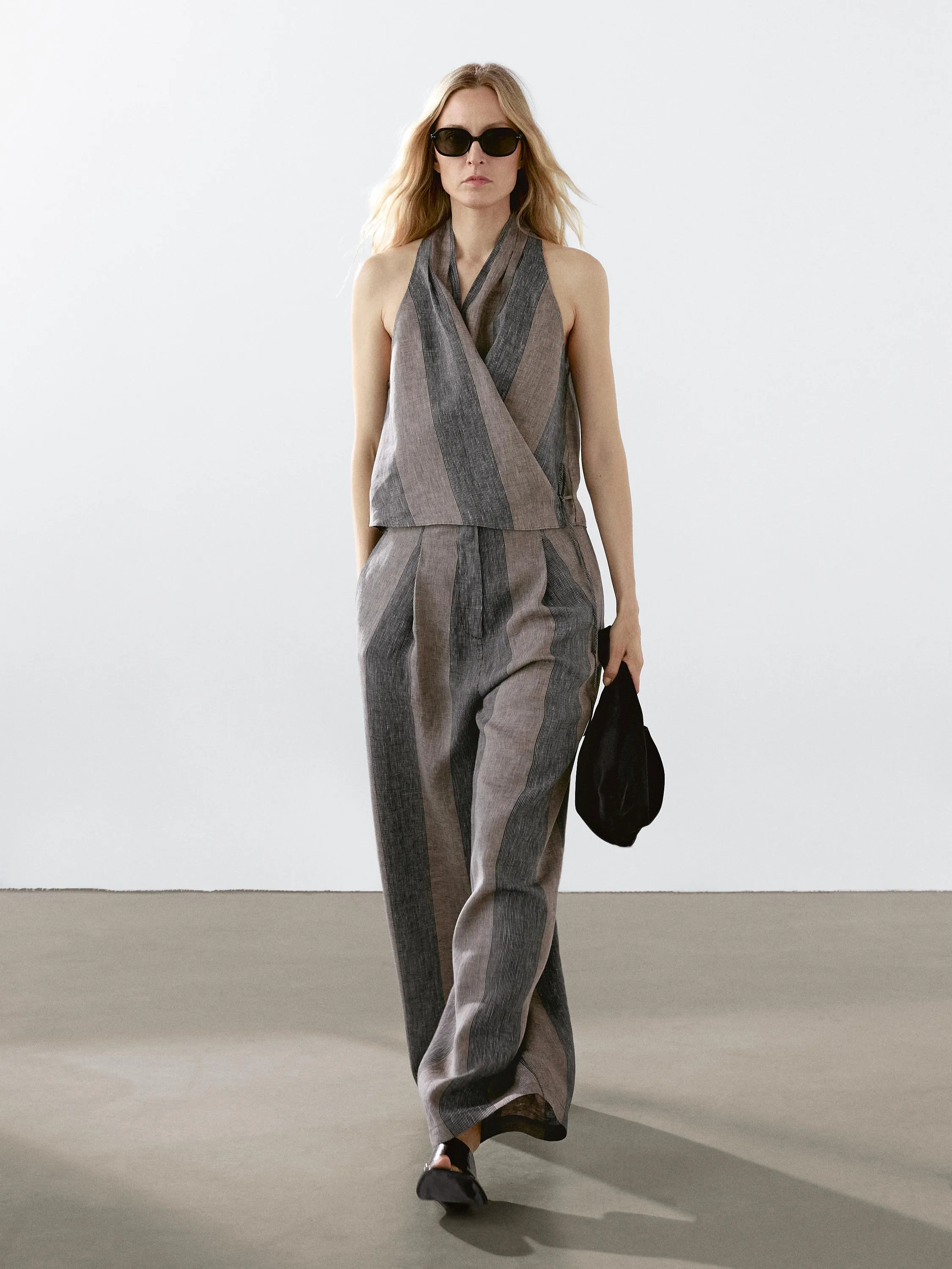 Gathered halter top with contrast stripe