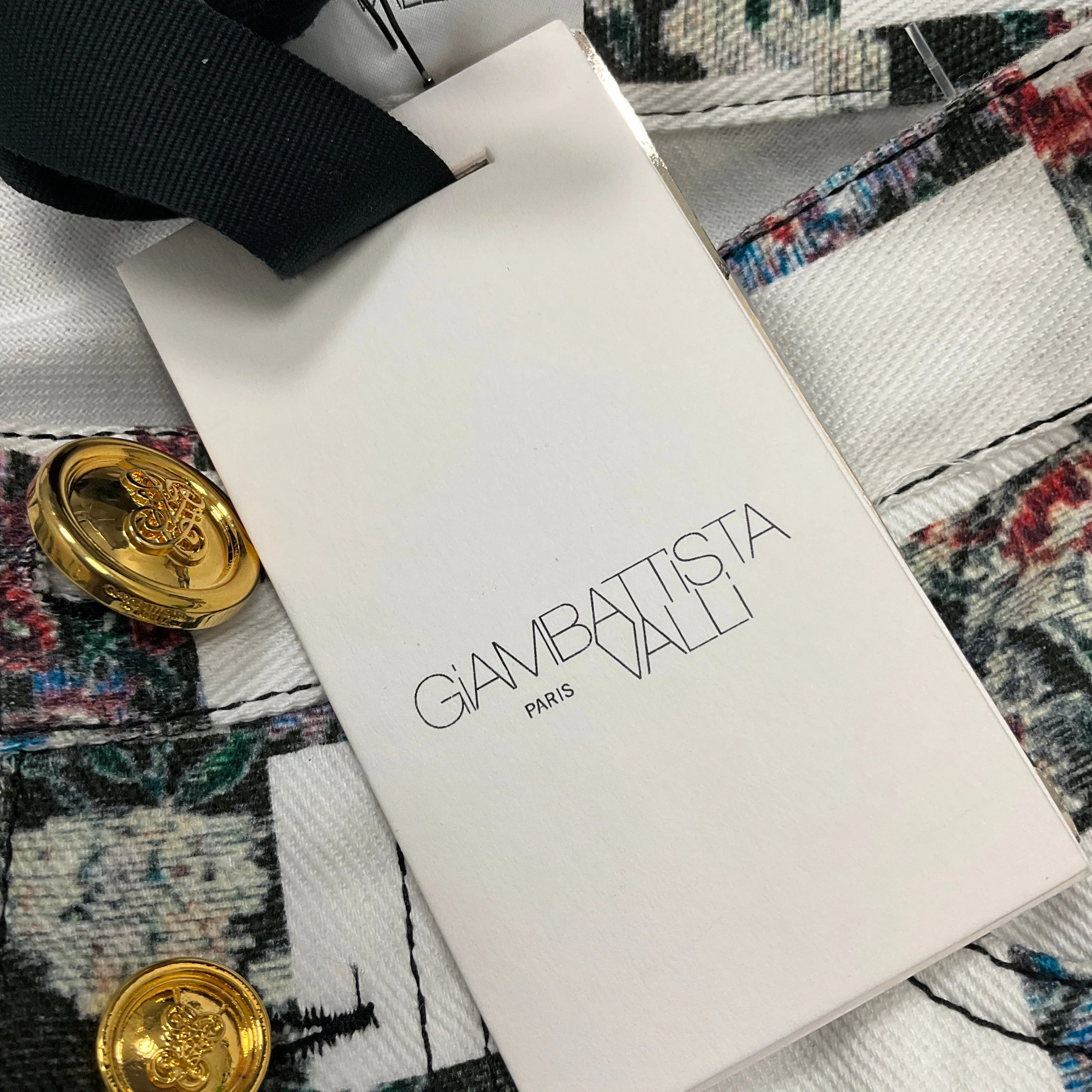 Giambattista Valli White / Black Multi Checkered Floral Print Denim Pants