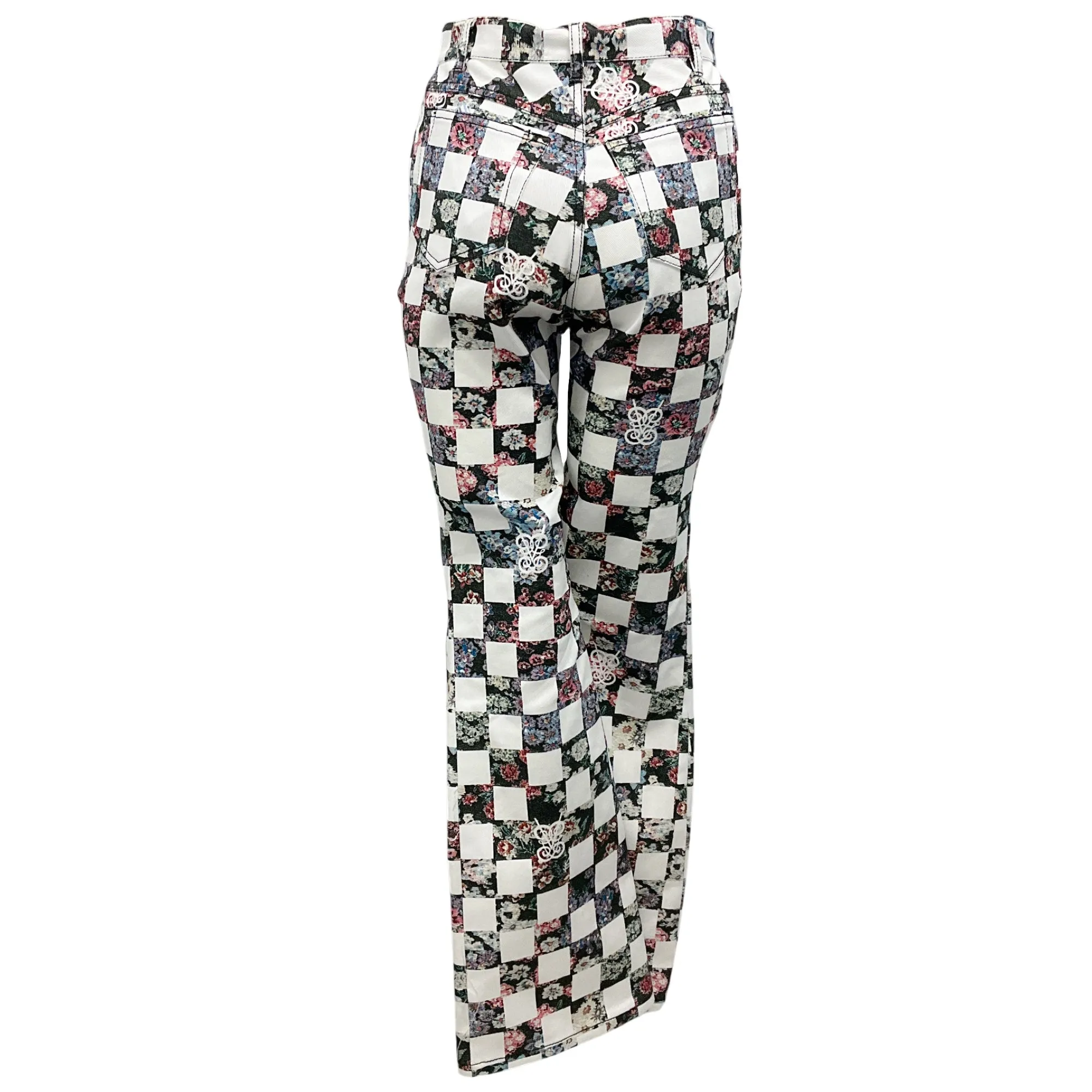 Giambattista Valli White / Black Multi Checkered Floral Print Denim Pants