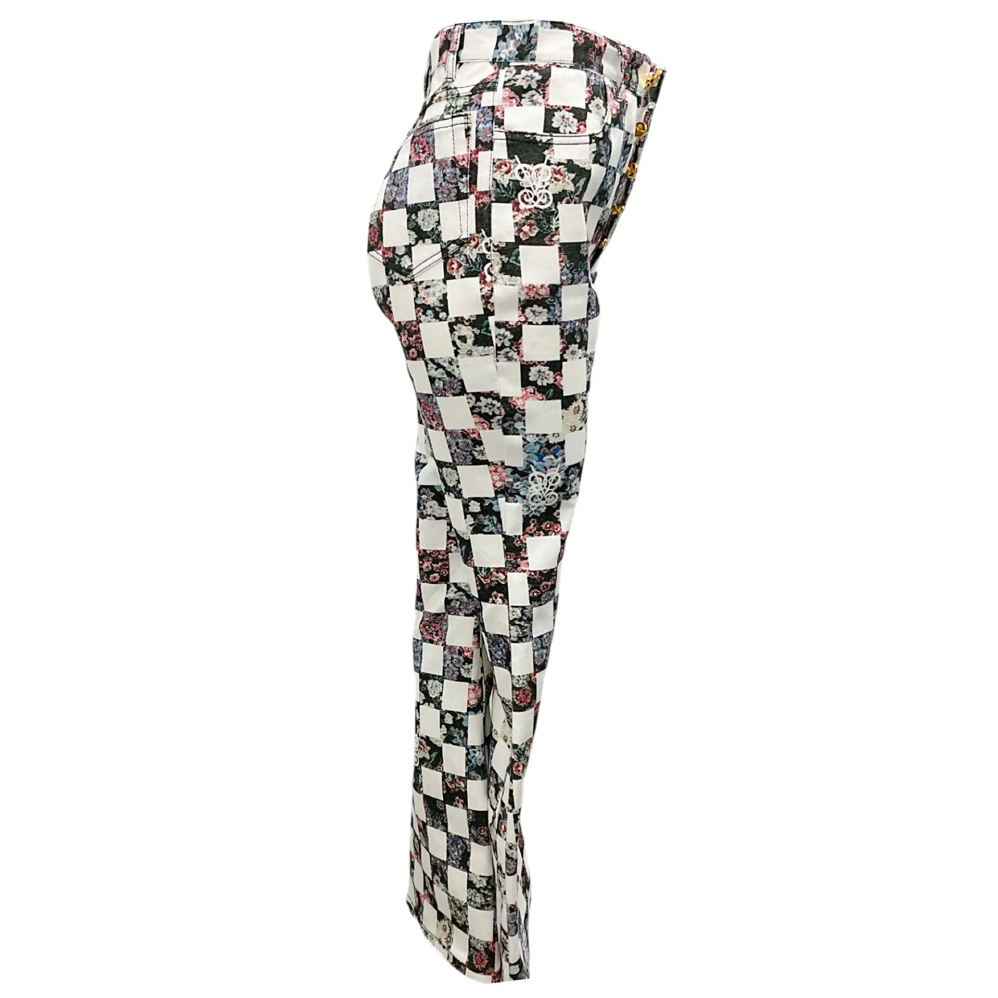 Giambattista Valli White / Black Multi Checkered Floral Print Denim Pants