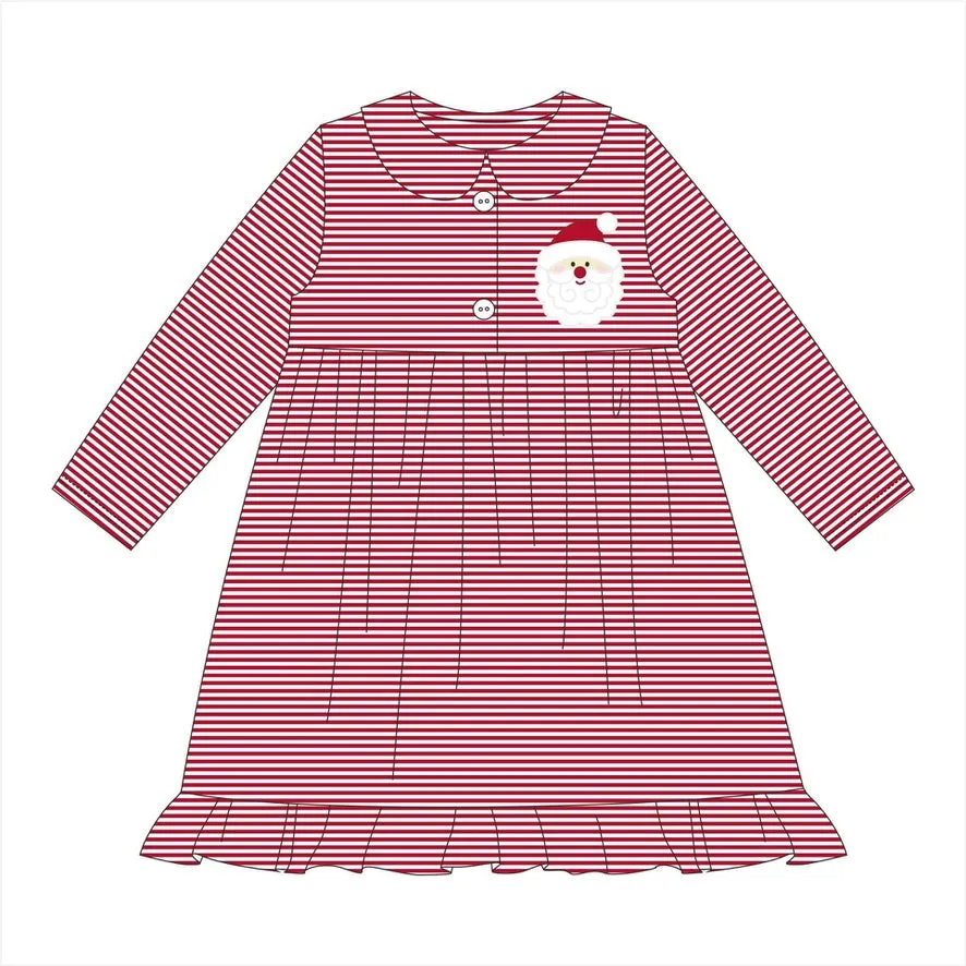 Girl's applique "SANTA" red striped knit gown / dress (LONG SLEEVE) (3m,18m,2t,3t,4t,5t,7t)