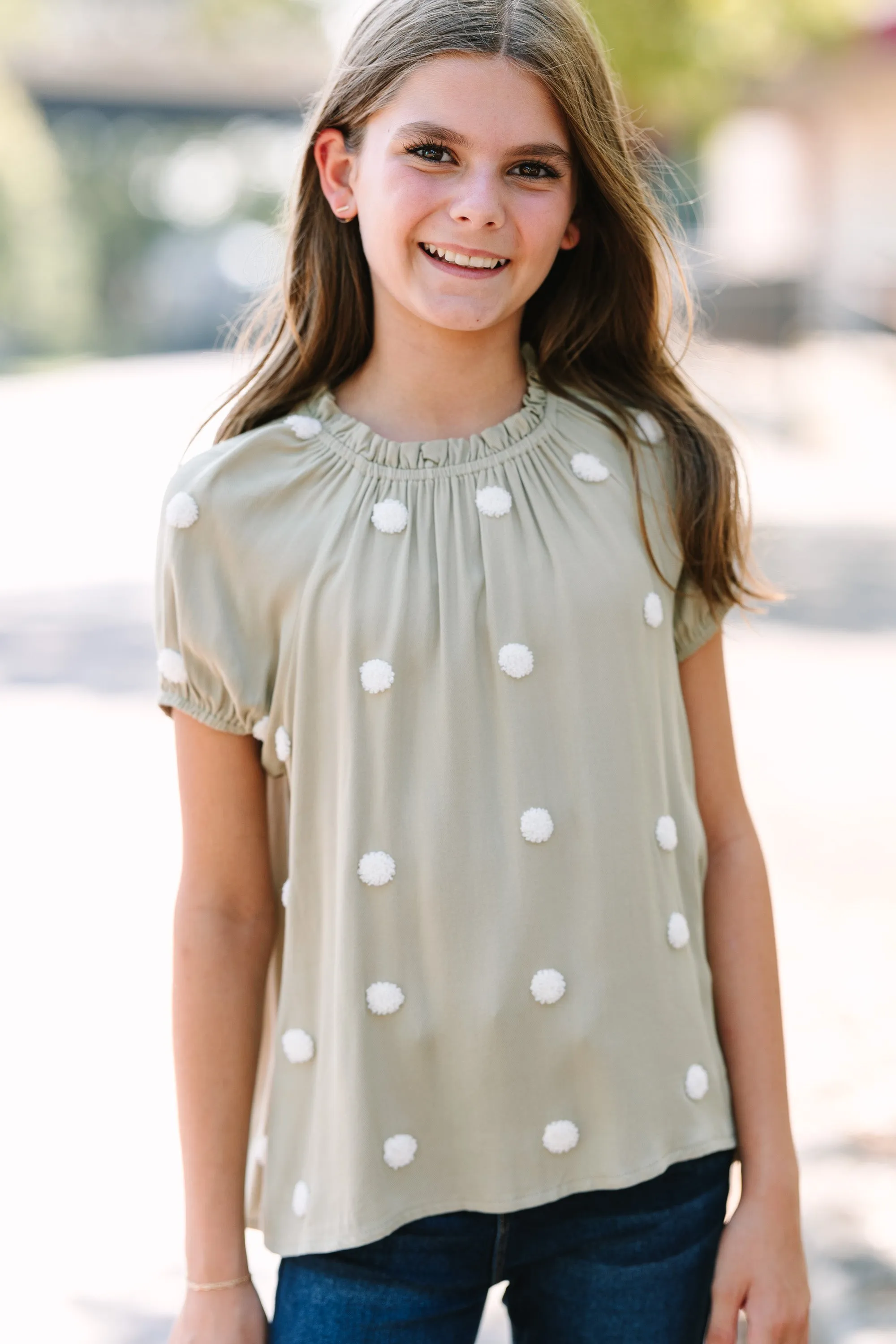Girls: Want Your Love Light Olive Polka Dot Blouse