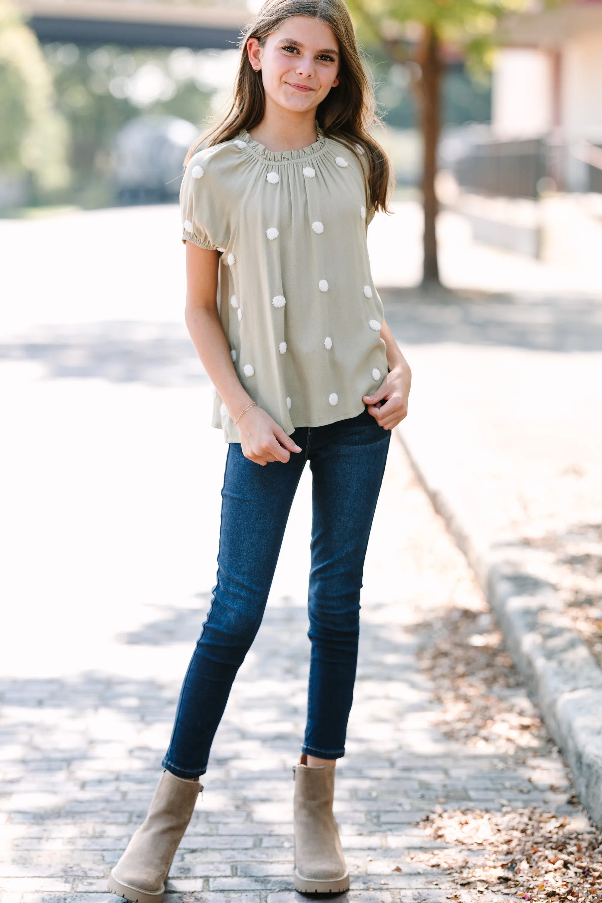 Girls: Want Your Love Light Olive Polka Dot Blouse