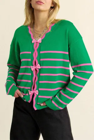 Glinda Green Stripe Ribbon Cute Bow Detail Sweater Knit Cardigan
