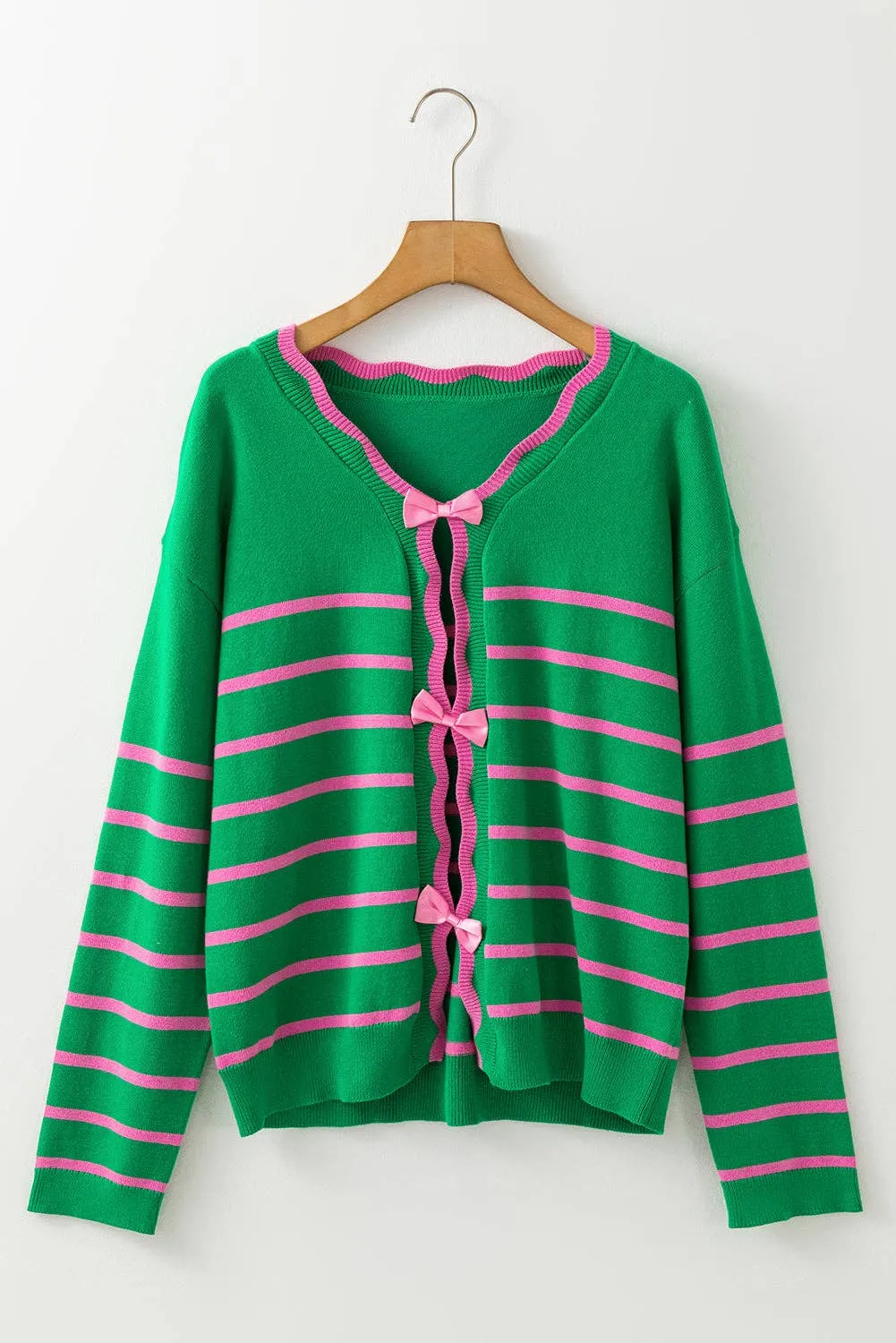 Glinda Green Stripe Ribbon Cute Bow Detail Sweater Knit Cardigan
