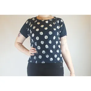 Gorman navy 100% cotton top with tye dye style white polka dots size M (best fits 12)