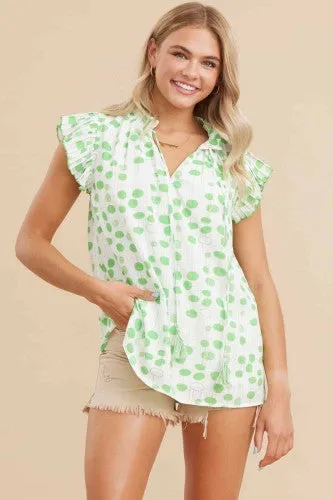Green Irregular Polka Dot Flutter Blouse