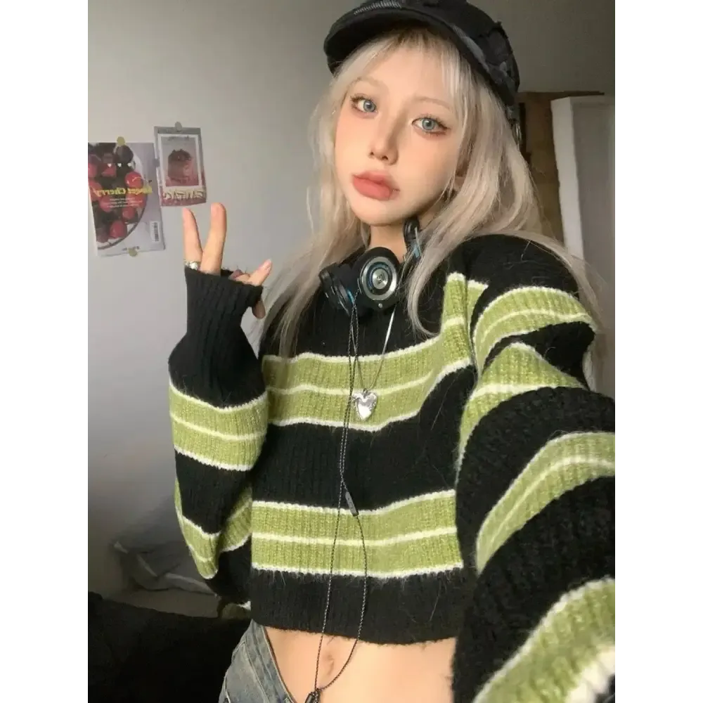 Green Striped Crop Sweater for a Cozy Grunge Look