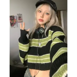 Green Striped Crop Sweater for a Cozy Grunge Look