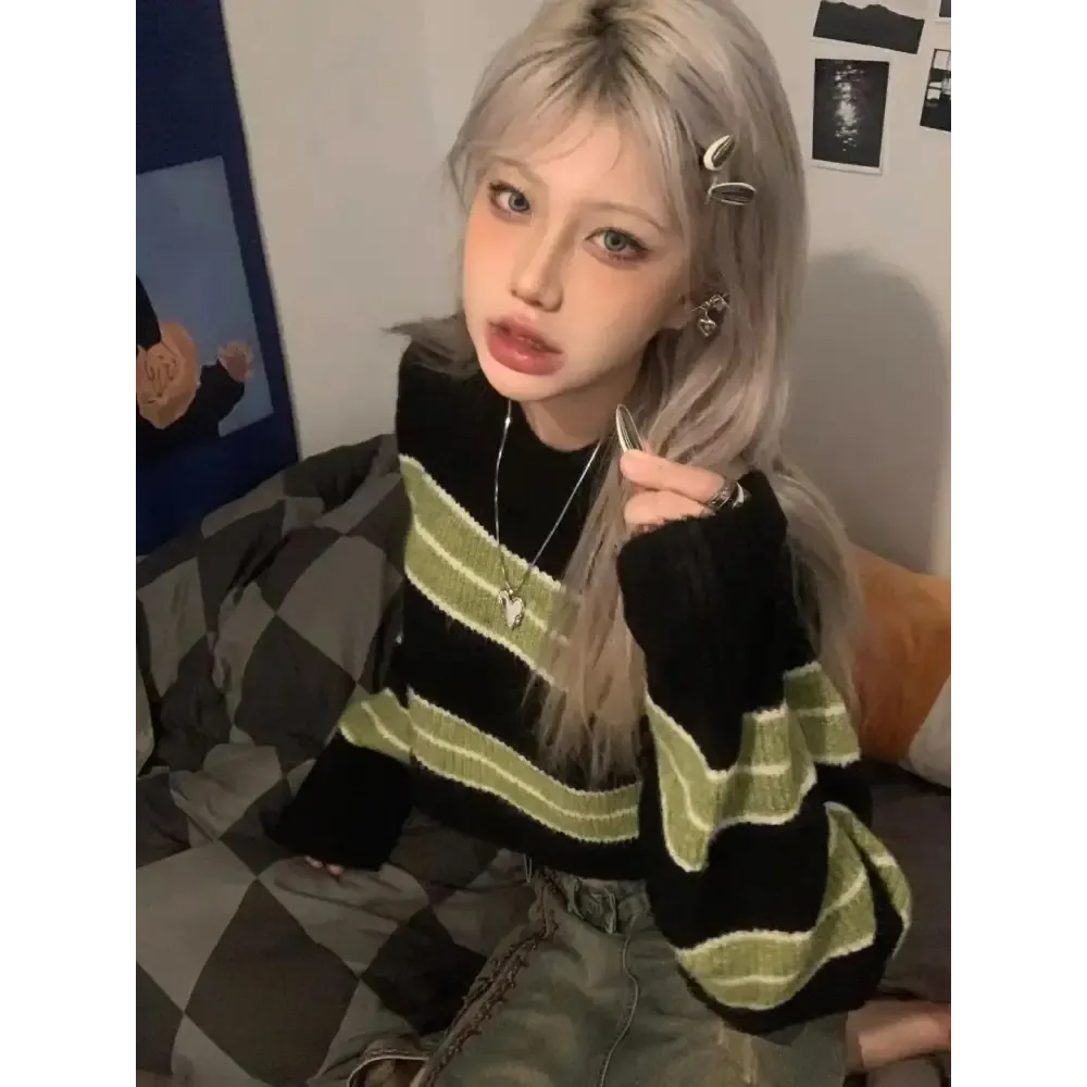 Green Striped Crop Sweater for a Cozy Grunge Look