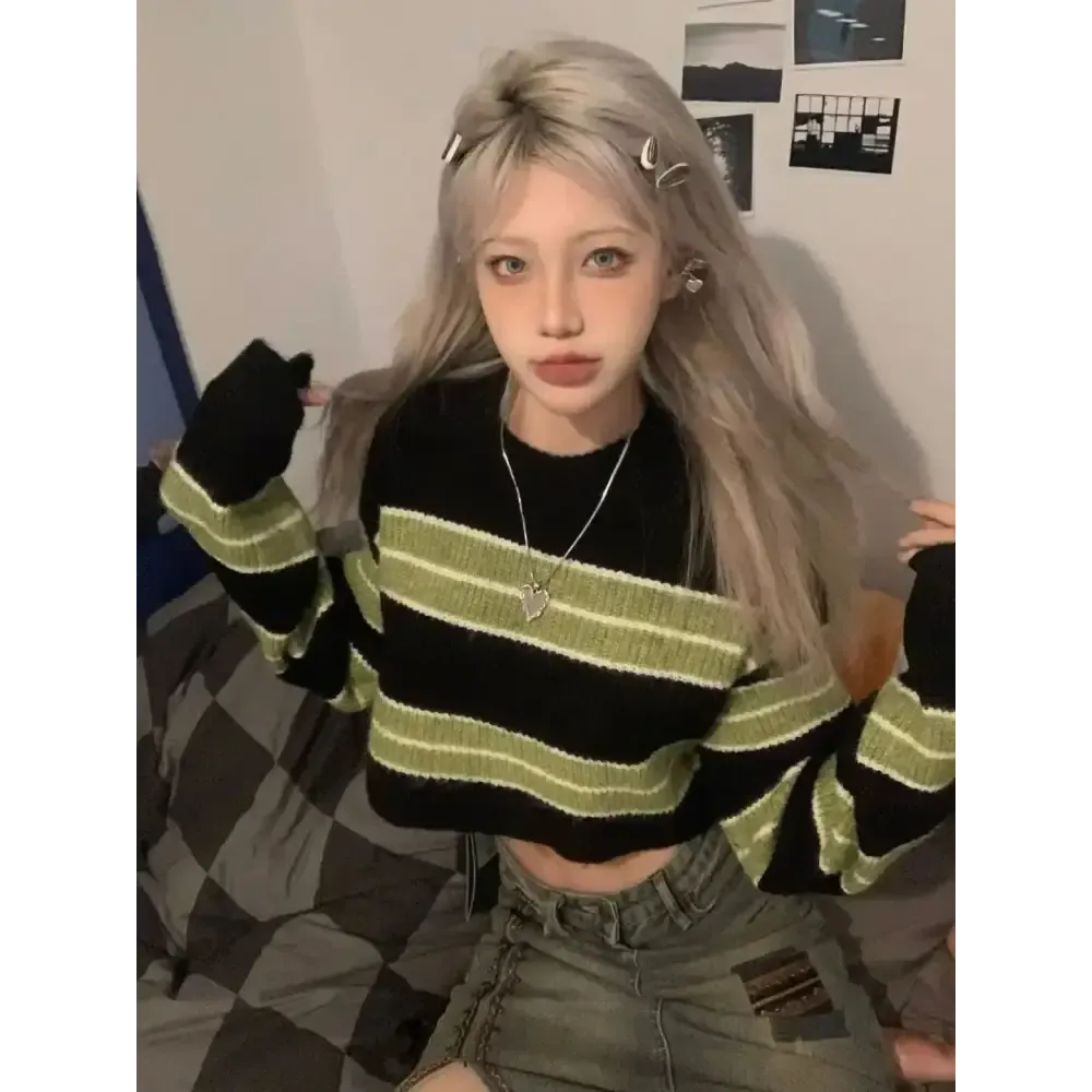 Green Striped Crop Sweater for a Cozy Grunge Look