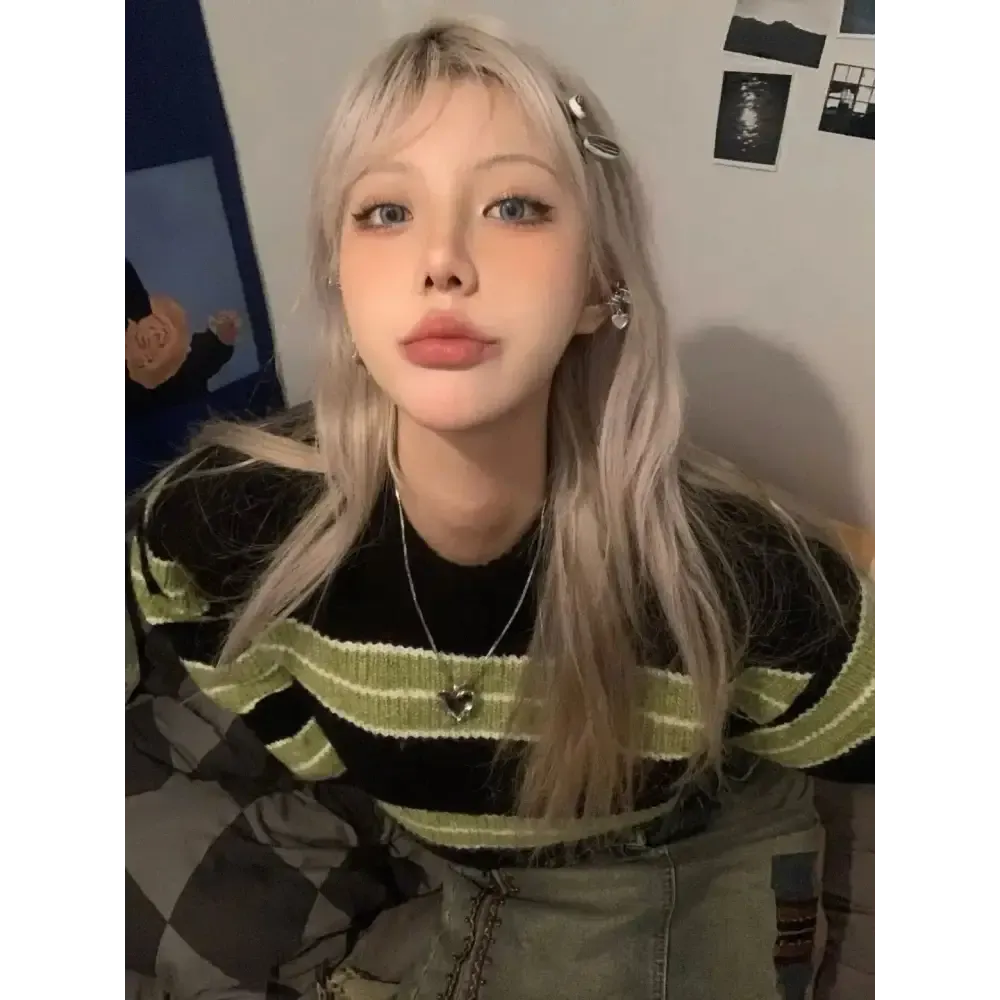 Green Striped Crop Sweater for a Cozy Grunge Look