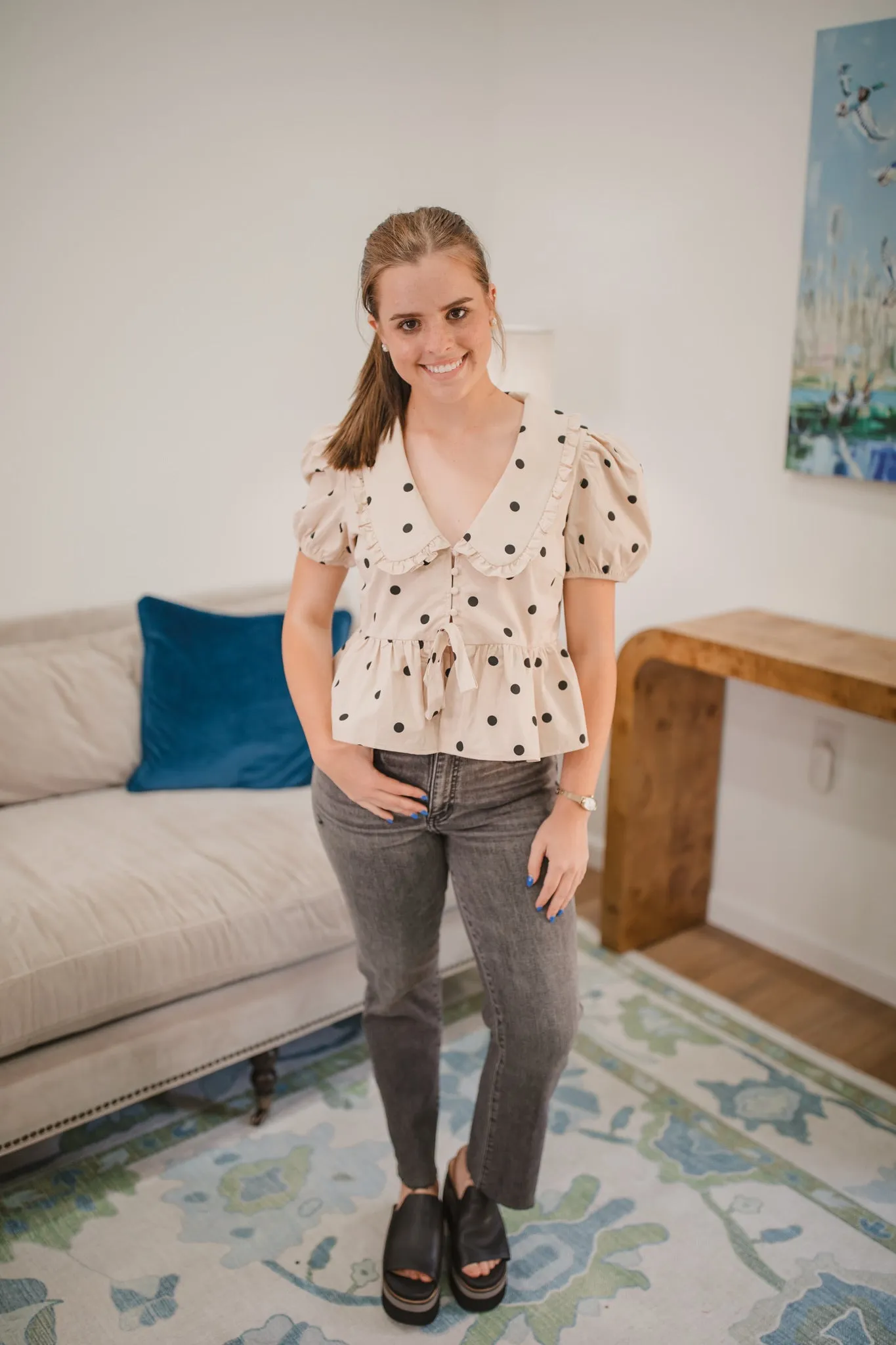 Helen Polka Dot Top in Beige