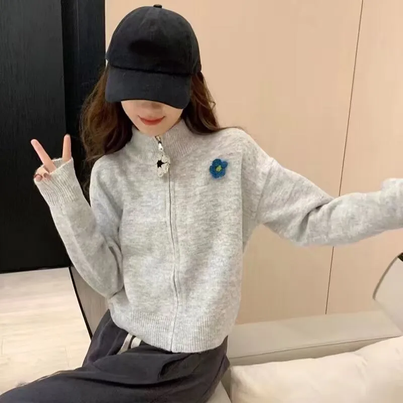 High Neck Daisy Zipper Cropped Sweater
