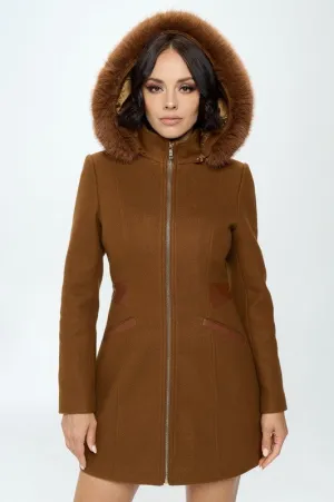 Hooded Faux Wool Coat - Camel