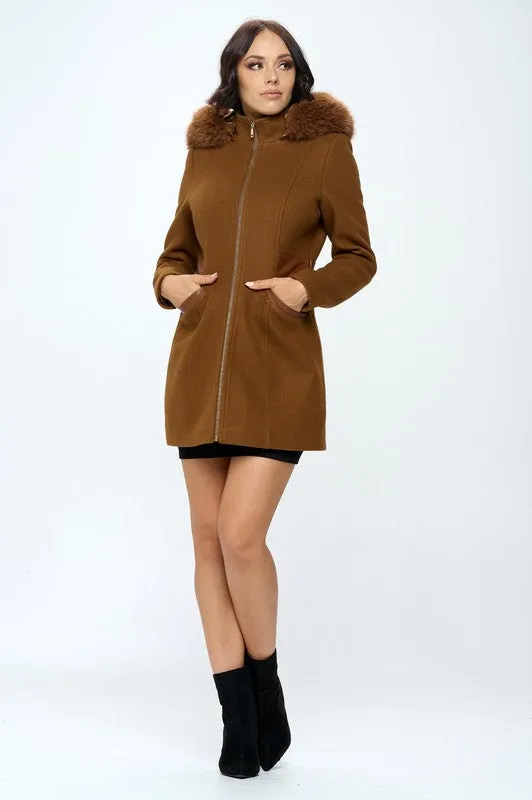 Hooded Faux Wool Coat - Camel