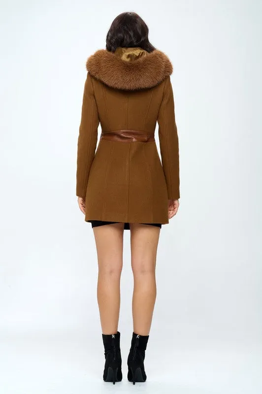 Hooded Faux Wool Coat - Camel