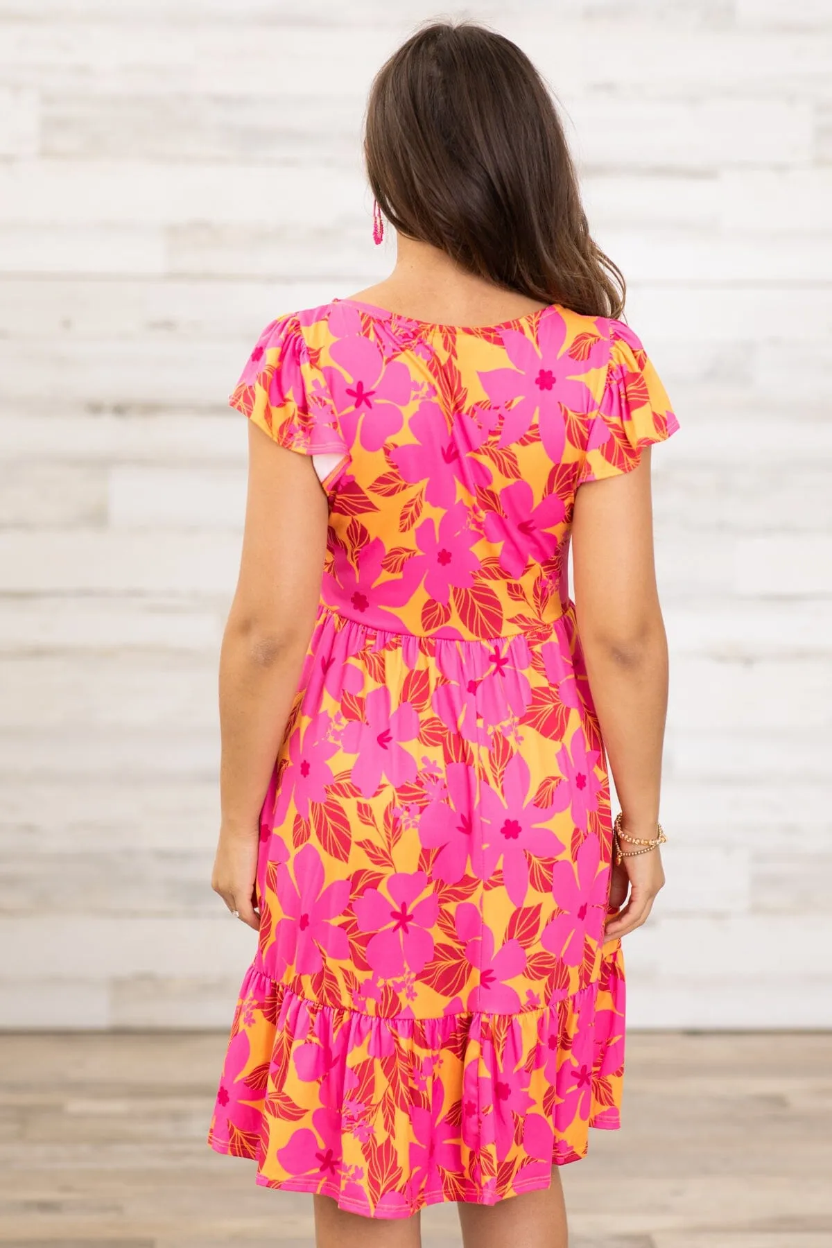 Hot Pink and Orange Floral Print Dress