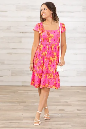 Hot Pink and Orange Floral Print Dress