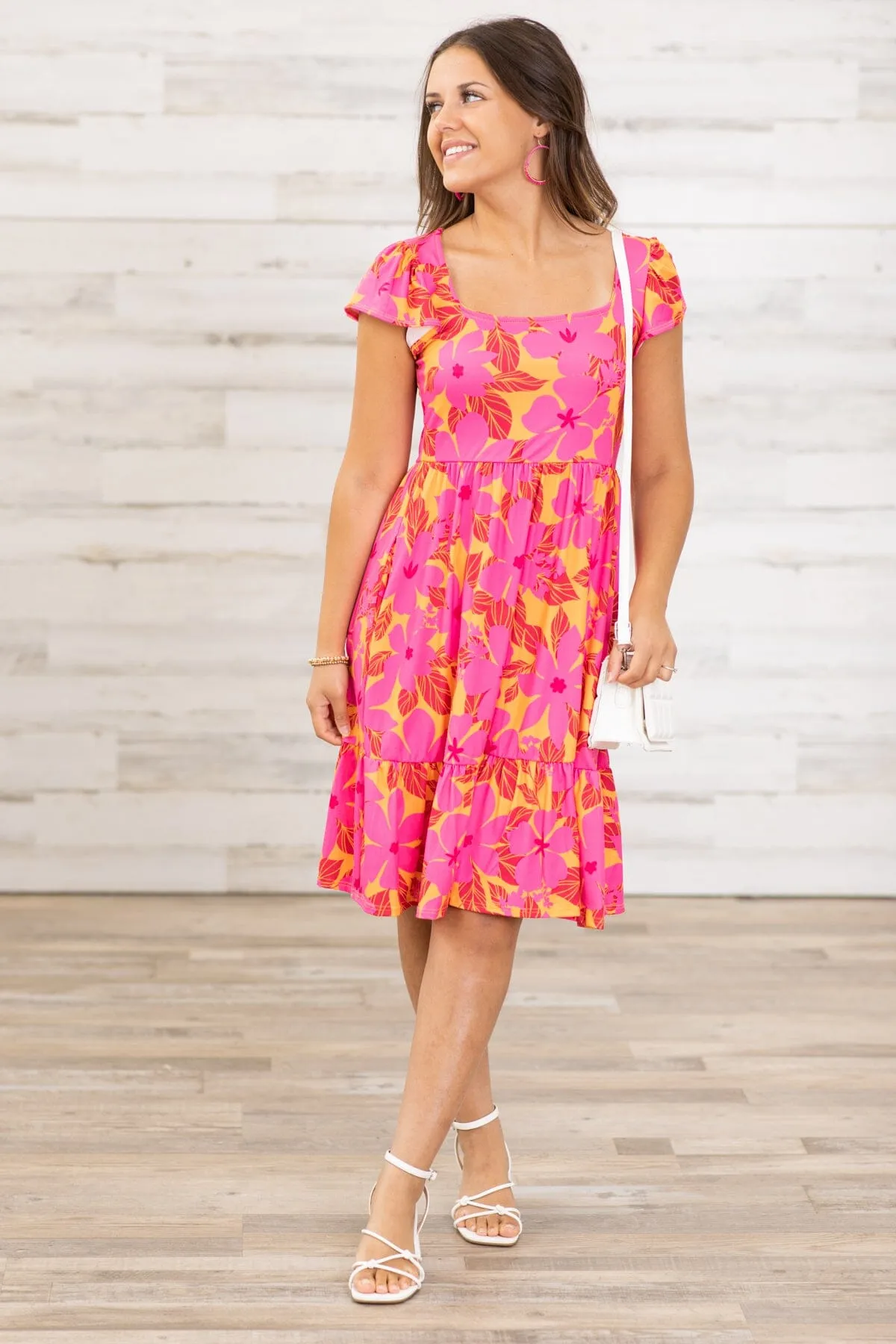 Hot Pink and Orange Floral Print Dress