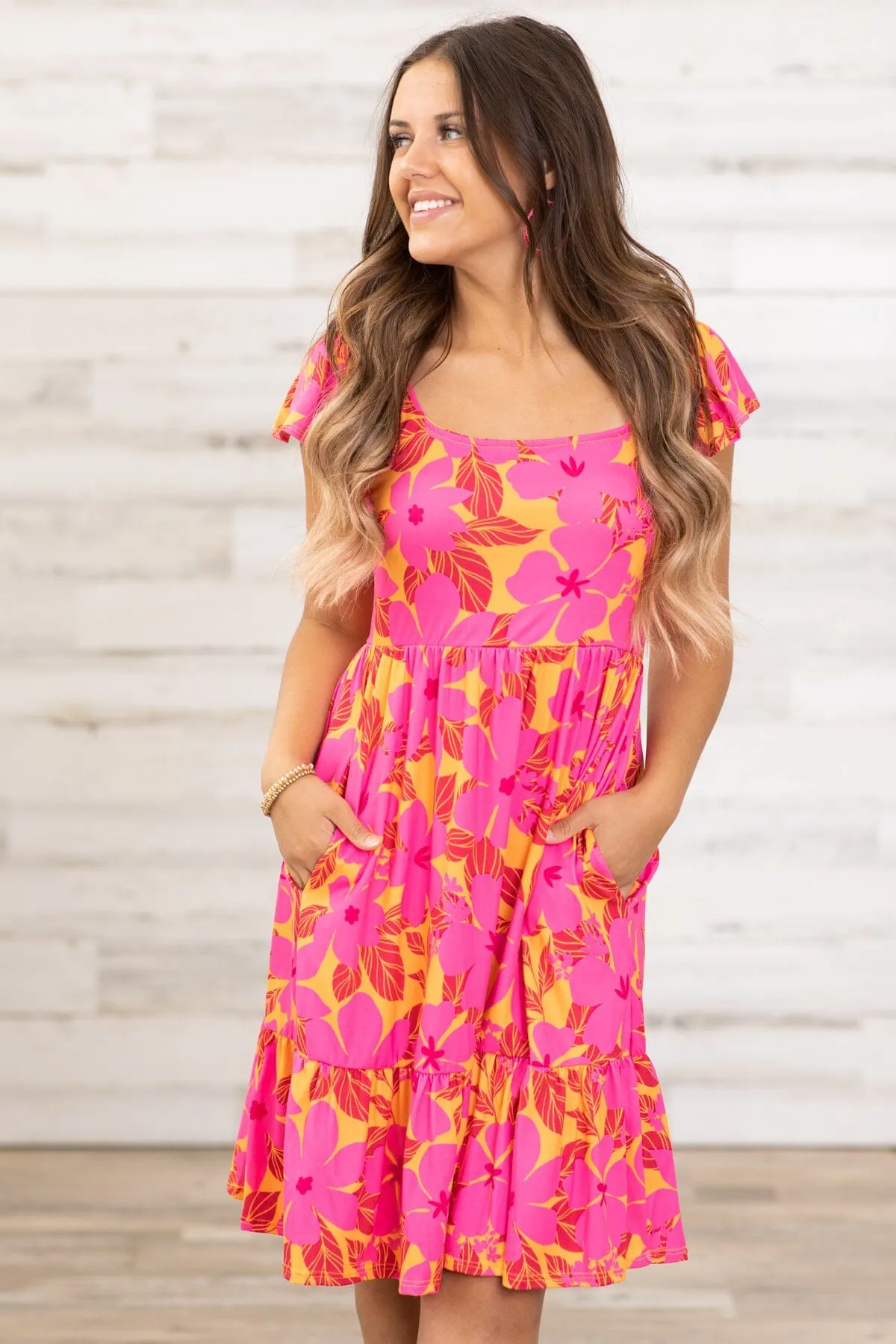 Hot Pink and Orange Floral Print Dress
