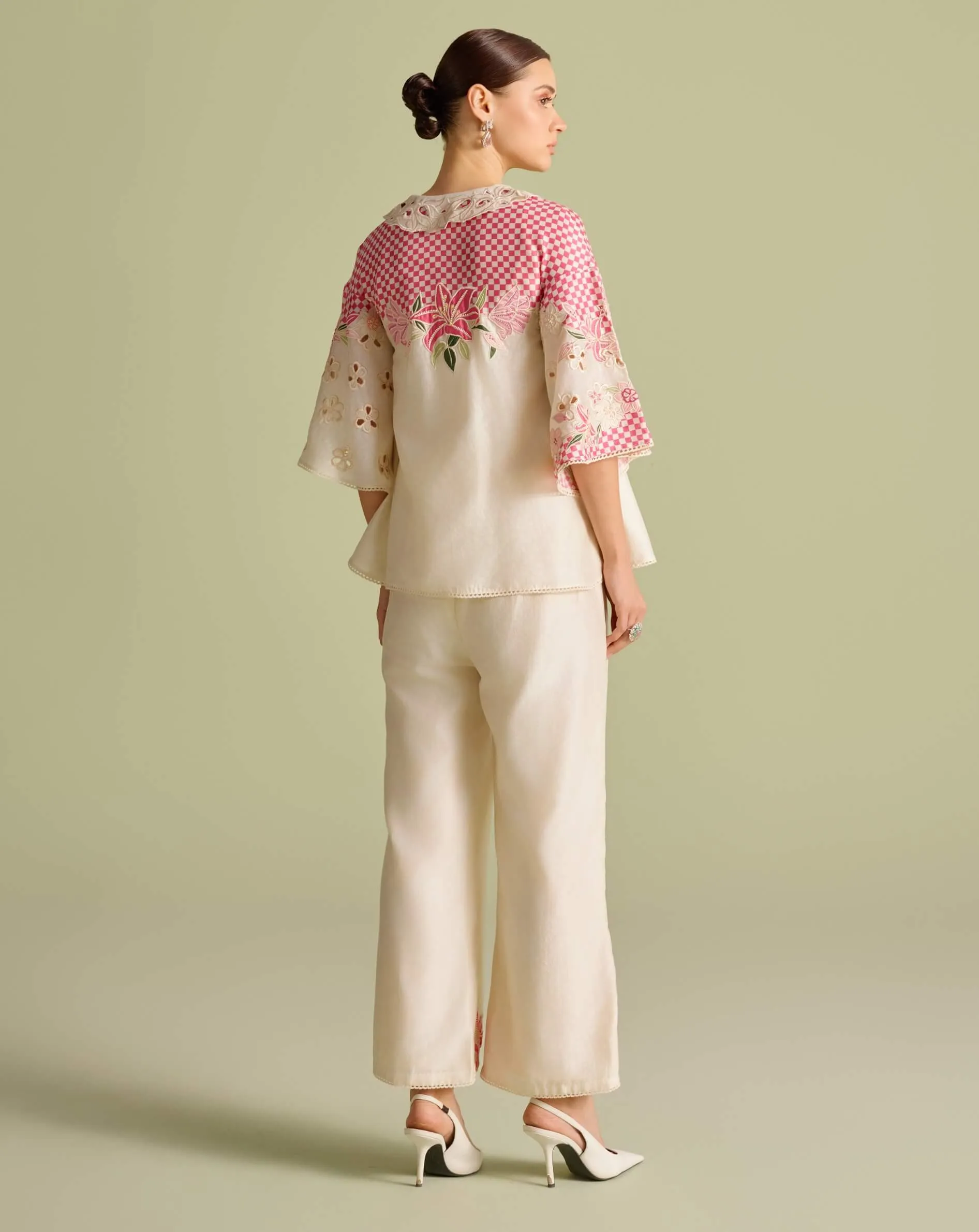 Ivory and fuchsia checkered shirt and pants