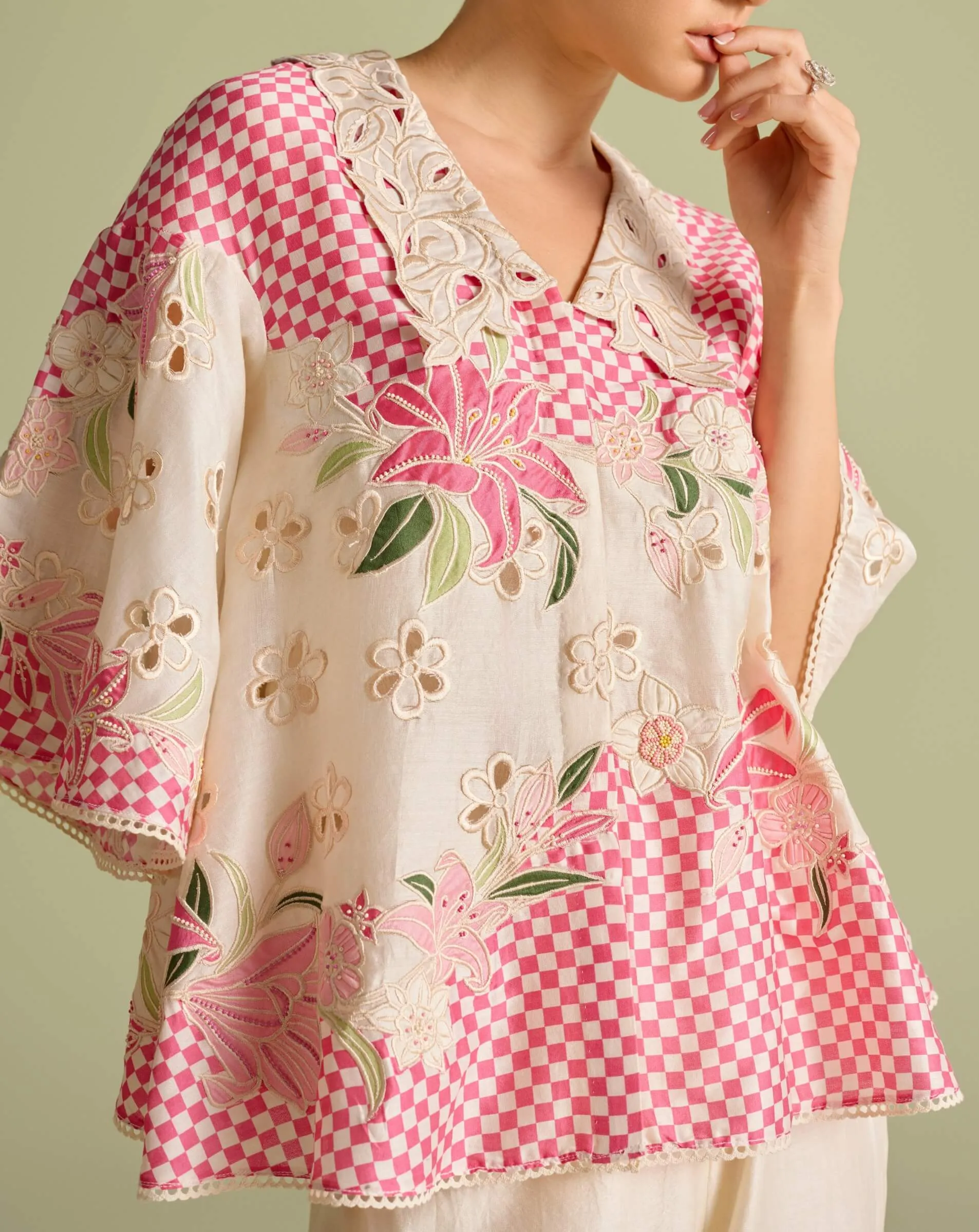 Ivory and fuchsia checkered shirt and pants