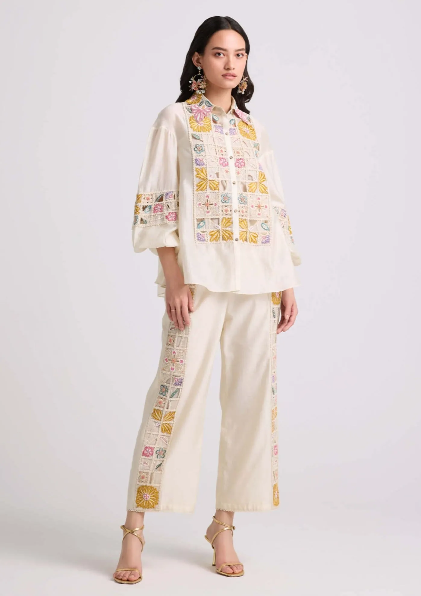 Ivory checkered embroidered pants