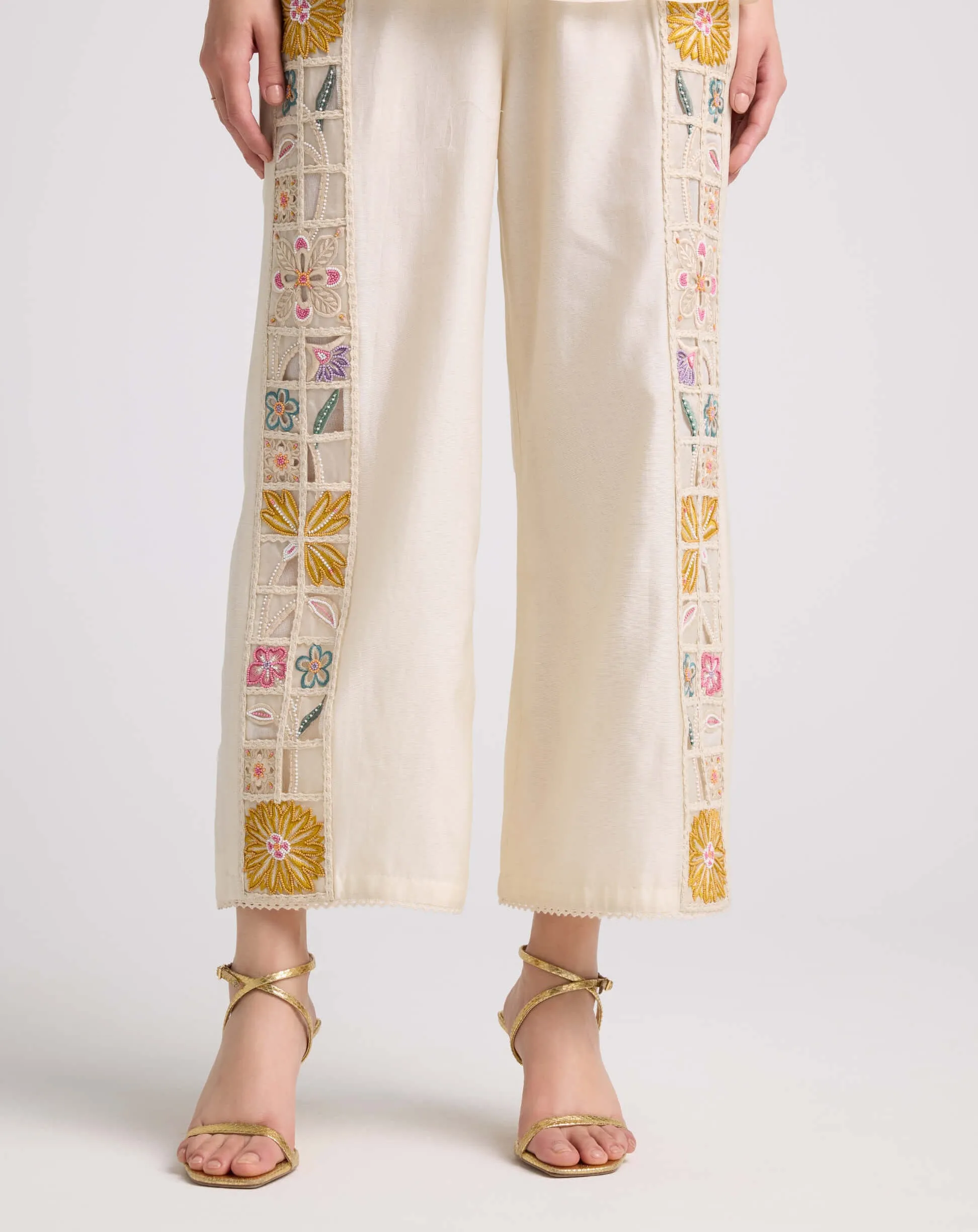 Ivory checkered embroidered pants