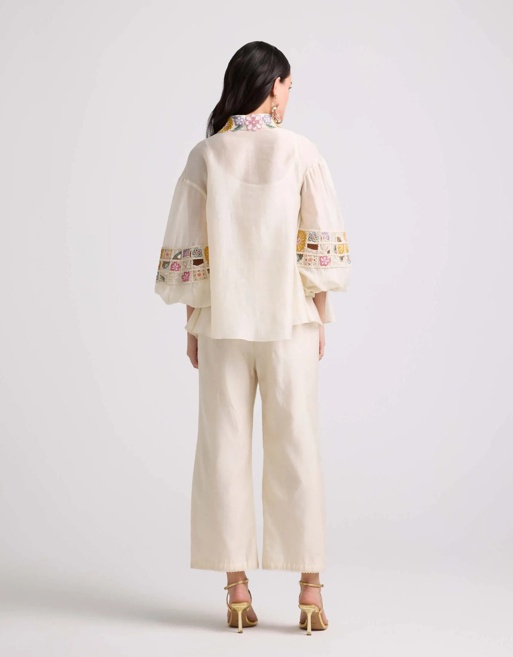 Ivory checkered embroidered pants