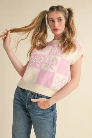 Ivory Pink Check Bow Sweater Vest