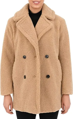 kensie Womens Large Teddy Bear Notch Collar Faux Fur Coat Beige L