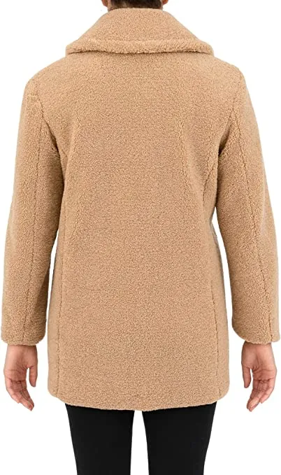 kensie Womens Large Teddy Bear Notch Collar Faux Fur Coat Beige L