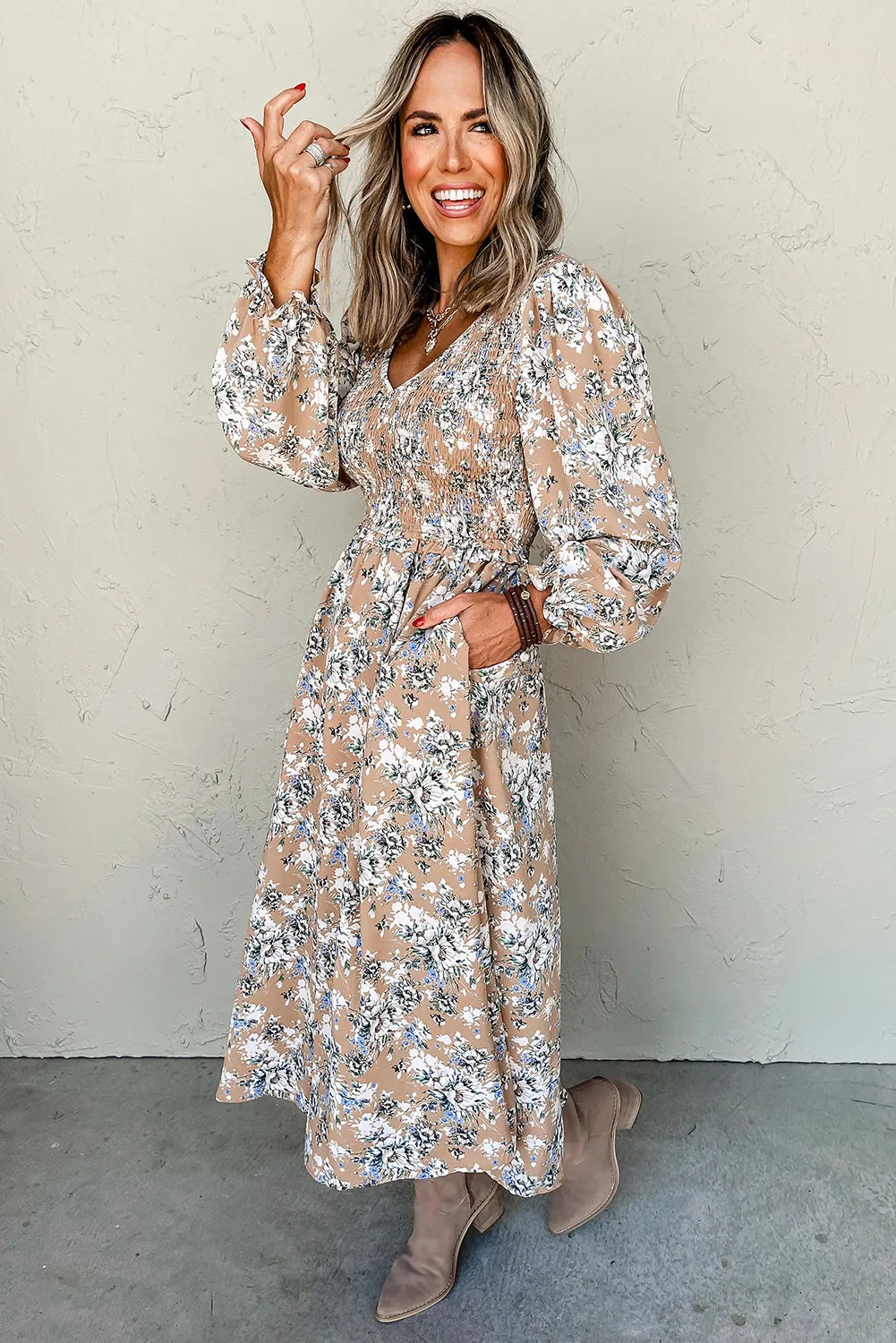 Khaki Maple Grove Floral Smocked Puff Sleeve Long Dress